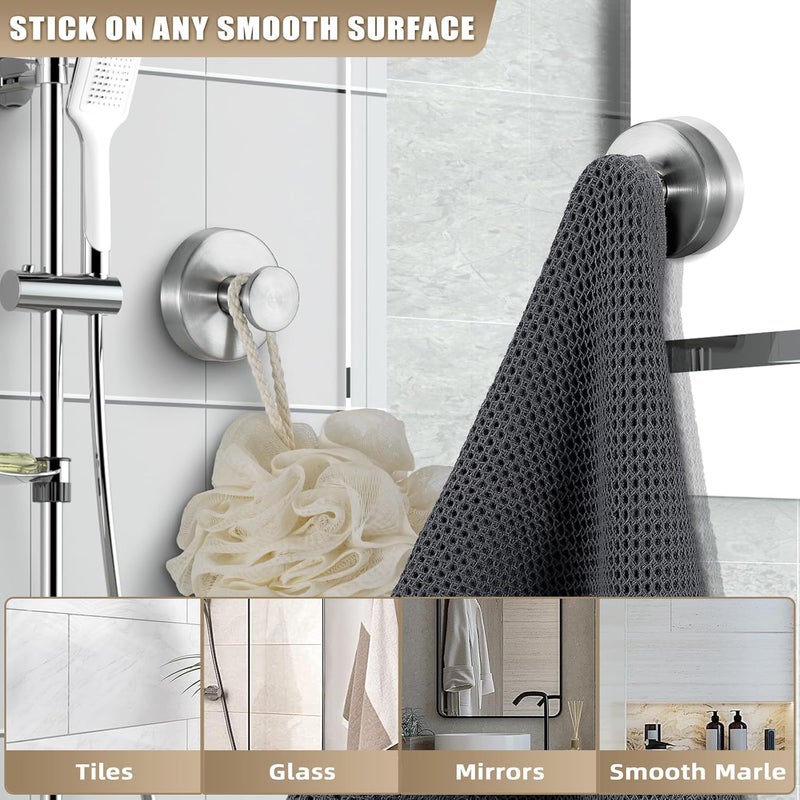 Fenas Suction Cup Hooks for Shower No-Drill Bathroom Hooks for Towels, Robes, Loofah Mountable on Bathroom Walls, Kitchen, Glass, Mirrors, Tile and Smooth,Non-Porous Surfaces (2, Brushed Nickel) - Image 2